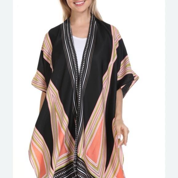 Chic Black and Multicolor Kimono Duster Art Deco Size L - Picture 2 of 11